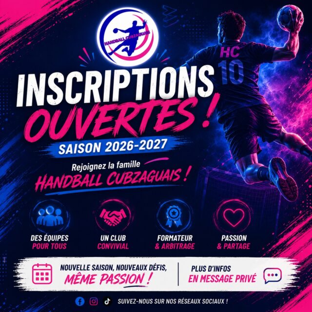 🚨 LES INSCRIPTIONS SONT OUVERTES ! 🤾💙🩷
La saison 2026-2027 est lancée, et nous avons hâte de vous retrouver sur les terrains ! 💪
🔄 Renouvellement de licence
Un mail vous a été envoyé avec toutes les informations nécessaires pour compléter votre formulaire de licence. Pensez à vérifier votre boîte de réception (ainsi que vos courriers indésirables).
🆕 Nouvelle licence
Vous souhaitez rejoindre le Handball Cubzaguais ?
📧 Envoyez-nous un mail à handballcubzaguais@gmail.com afin de recevoir votre dossier d'inscription.
💬 Vous pouvez également nous contacter en message privé sur Facebook ou Instagram si vous avez la moindre question.
Nous avons hâte de vous accueillir, que vous soyez débutant ou confirmé ! 🤾
À très bientôt au Handball Cubzaguais ! 💙🩷