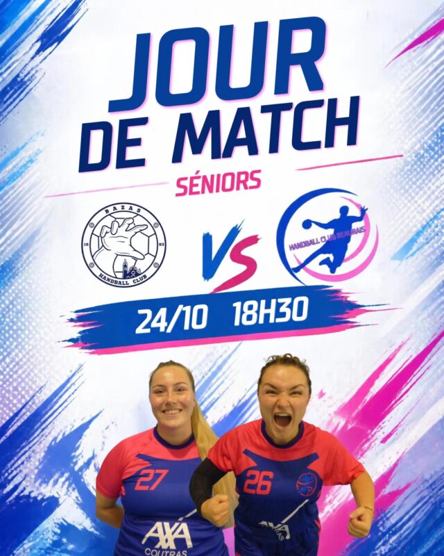 💙🩷Ce week-end, une seule de nos équipe se déplace à l'extérieur.
Nos séniors filles affronteront @hbcbazadais_ 💙🩷
