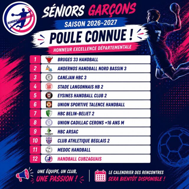 🔥 Notre poule est connue ! 🔥
La saison 2026-2027 approche à grands pas et nos Séniors Garçons évolueront cette année en Honneur Excellence Départementale. 🤾💙🩷
Découvrez les 12 équipes qui composeront cette poule. Une saison qui s'annonce passionnante avec de belles confrontations et de nouveaux défis à relever !
Nos joueurs auront besoin de votre soutien tout au long de l'année. Alors, rendez-vous au bord des terrains pour les encourager et porter haut les couleurs du Handball Cubzaguais ! 💪
📅 Le calendrier des rencontres sera communiqué dès sa publication officielle.
Ensemble, faisons vibrer les tribunes ! 💙🩷