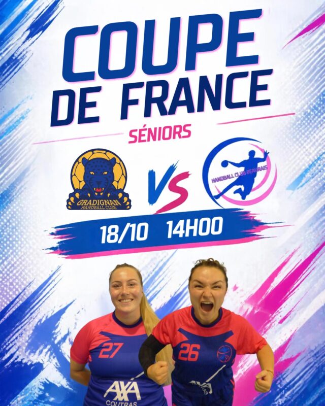 💙🩷Le programme du premier tour de coupe de France est sorti !
- Nos séniors filles se déplaceront à Gradignan le 18/10 à 14h00.
- Nos séniors garçons recevront Arsac le 17/10 à 21h15.
Venez nombreux les encourager !💙🩷