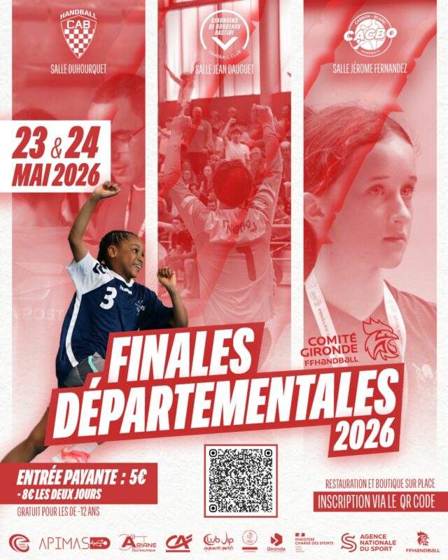 Bonjour à tous,
🥳🥳 Nos U11 filles et nos U13 garçons sont en finale départementale ! 💪
Les matchs se dérouleront le samedi 23 mai au gymnase Jérôme Fernandez de CARBON BLANC
Les U 11 filles joueront contre BELIN BELIET à 16h00
Les U 13 garçons joueront contre LACANAU à 17h15
👏👏👏 Nous comptons sur vous pour venir encourager nos équipes !! 👏👏👏 Ils ont besoin de vous tous !!!
Pour éviter de longues files d’attente lors des finales, le public a la possibilité d’acheter ses places à l’avance sur Hello Asso via ce lien : 
https://www.helloasso.com/associations/comite-de-gironde-de-handball/evenements/billetterie-finales-departementales-jeunes-23-et-24-mai-2026
Nous restons à votre disposition si vous avez des questions. N’hésitez pas à nous demander :)
Bonne journée à tous ! et RENDEZ VOUS le 23/05 pour les finales !!