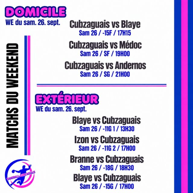 🩷💙 Les matchs du week-end pour nos équipes ! 3 de nos équipes recevront leur adversaire du jour au Gymnase Yves Prud'homme tandis que 4 autres se déplaceront !🩷💙