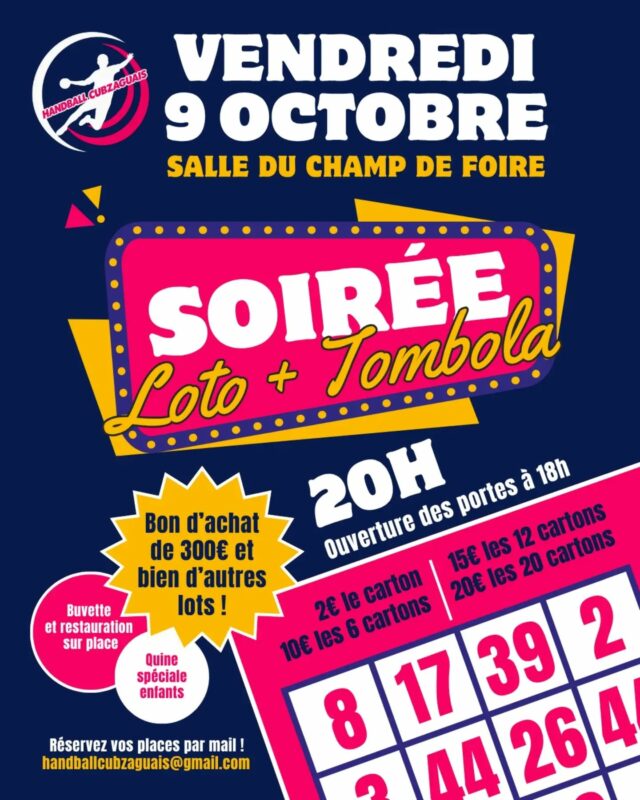 💙🩷 Le grand loto du Handball Cubzaguais approche !
Rendez-vous ce vendredi 9 octobre à la Salle du Champ de Foire de Saint-André-de-Cubzac pour une soirée placée sous le signe du jeu et de la bonne humeur !
🕕Ouverture des portes à 18h
🎱 Début du loto à 20h
De nombreux lots sont à gagner tout au long de la soirée, avec notamment :
💰 plusieurs bons d’achat, dont un de 300 € et un de 100 €
🎭 2 places pour l’Ange Bleu
🎁 une Wonderbox
… et bien d’autres surprises !
🧸 Quine spéciale enfants pendant l’entracte
🎟️ Tombola, ticket à 1€
🍴 Restauration sur place
📧 Pour rappel, les réservations sont possibles uniquement par mail à l'adresse du club : handballcubzaguais@gmail.com 
Merci d'indiquer dans votre mail :
• Nom
• Prénom 
• Catégorie 
• Nombre de personnes
On vous attend nombreux !!💙🩷