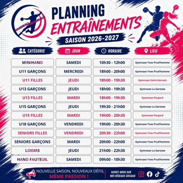 Découvrez les horaires d'entraînement de toutes nos équipes pour la saison 2026-2027 ! 💙🩷
Toutes nos sections ont regagné le terrain depuis cette semaine pour cette nouvelle saison, à l’exception des Loisirs, qui reprendront le 8 octobre.
📍 Les entraînements se déroulent dans plusieurs gymnases : Yves Prud’hommes, La Garosse, Saint-Gervais et Peujard.
Bonne saison à toutes et à tous !!
