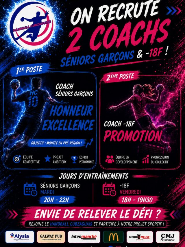 Le Handball Cubzaguais recrute ses futurs entraîneurs !
Pour la saison 2026-2027, le Handball Cubzaguais recherche deux entraîneurs bénévoles pour ses équipes :
• SG – Départemental Honneur Excellence
• -18F – Départemental Promotion
Tu es passionné(e) de handball et tu souhaites t’investir dans un club familial, convivial et ambitieux ? Viens transmettre ton expérience, accompagner nos joueurs et participer au développement de nos équipes.
Intéressé(e) ? Contacte-nous en message privé ou par mail à l’adresse handballcubzaguais@gmail.com pour échanger et obtenir plus d’informations.
Rejoins l’aventure du Handball Cubzaguais ! 💙❤️