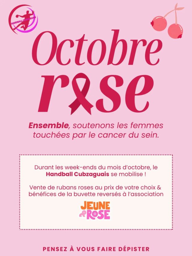💙🩷 Le Handball Cubzaguais se mobilise pour Octobre Rose ! 
Tout au long du mois d’octobre, le club s’engage pour soutenir les personnes touchées par le cancer du sein. 🎀
À cette occasion, des rubans roses seront proposés à la vente au prix libre lors des week-ends d’octobre, et les bénéfices de la buvette du mois seront reversés à l’association @jeuneetrose .
Chaque geste compte !
Ensemble, soutenons les femmes touchées par le cancer du sein.🩷💙